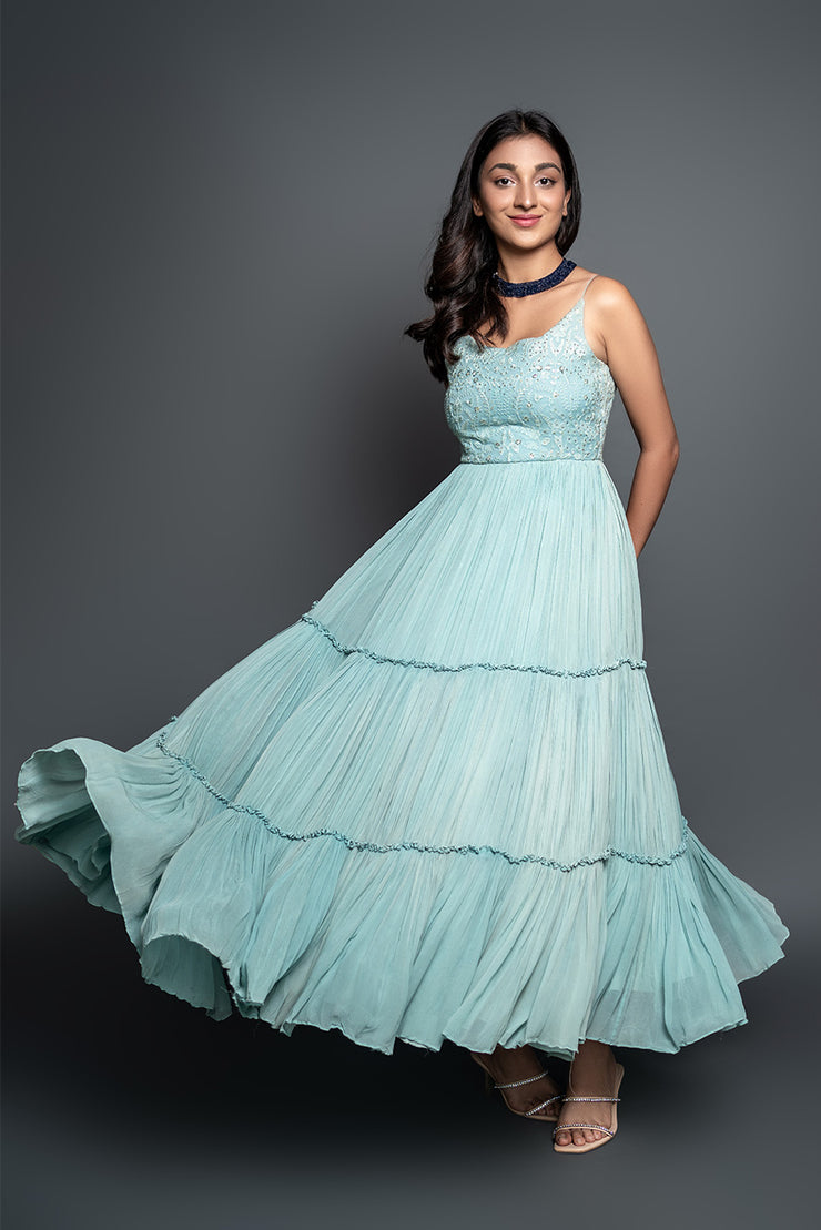 Georgette Fabric Sky Blue Color Party Wear Embroidered Readymade Anarkali  Style Floor Touch Gown With Dupatta